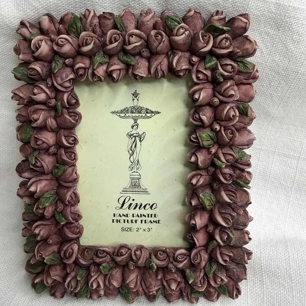 Vintage Linco Hand Painted 2” x 3” Detailed Floral Rose Cottage Picture Frame
